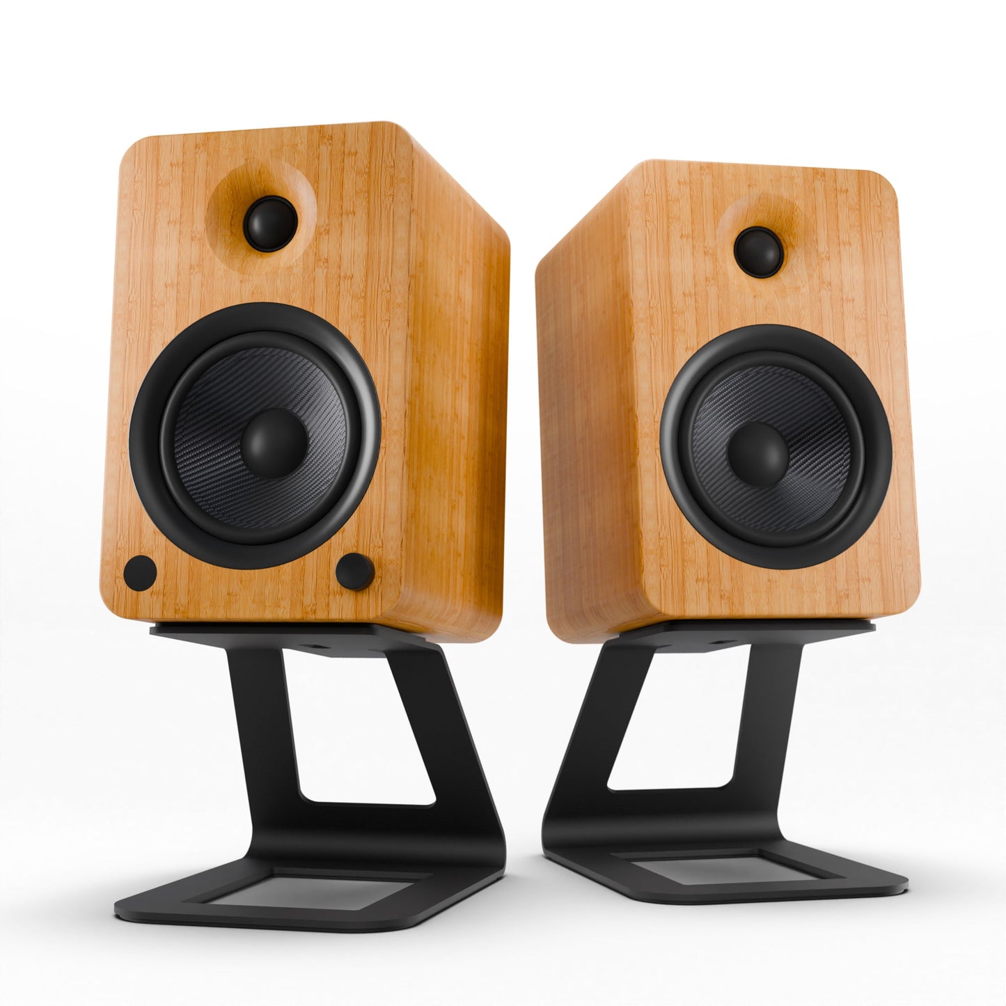 Kanto YU6 200W Powered Bookshelf Speakers with Bluetooth and Phono Preamp - Pair, Bamboo with SE6 Black Stand Bundle