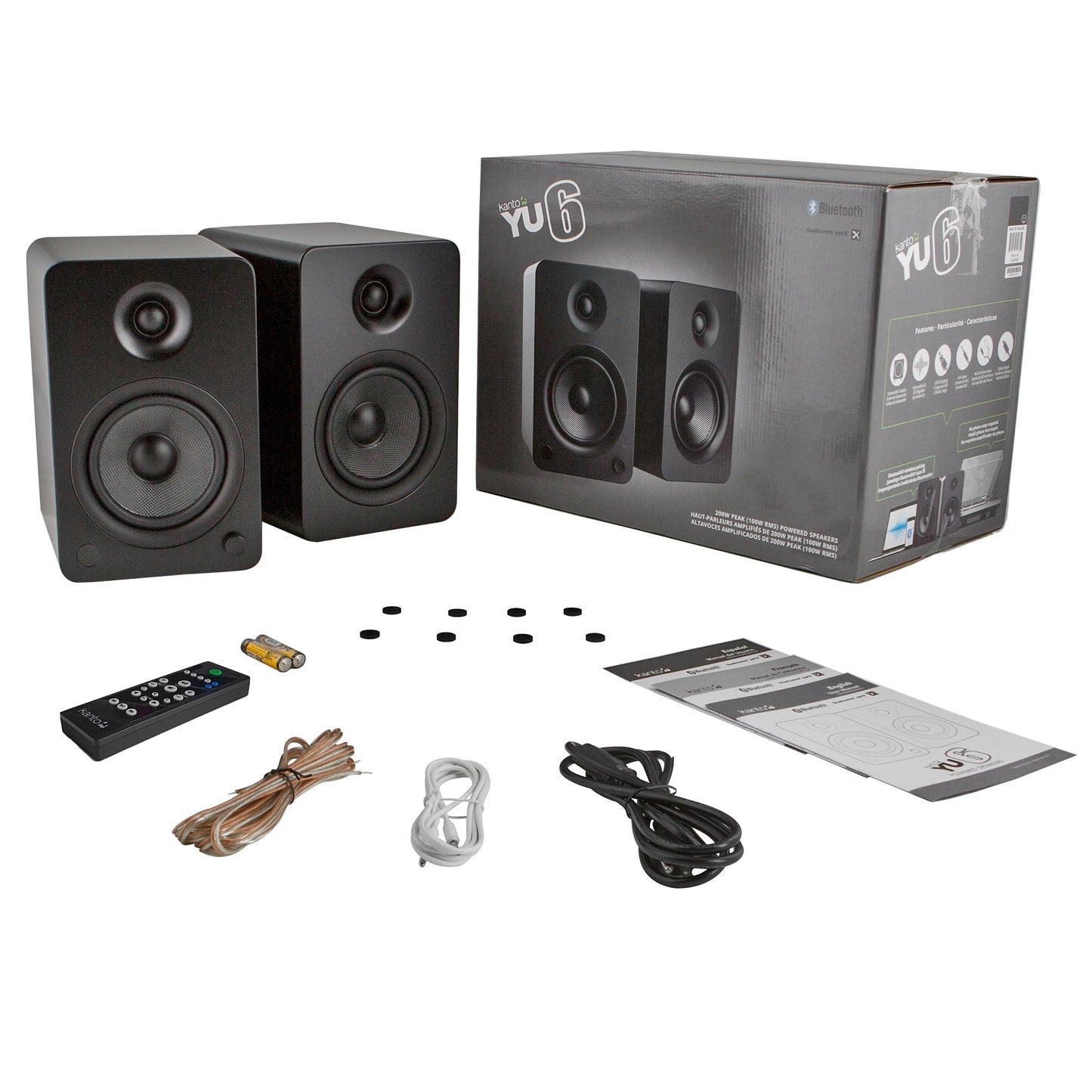 Kanto YU6 200W Powered Bookshelf Speakers with Bluetooth and Phono Preamp - Pair, Matte Black with SX22 Black Stand Bundle