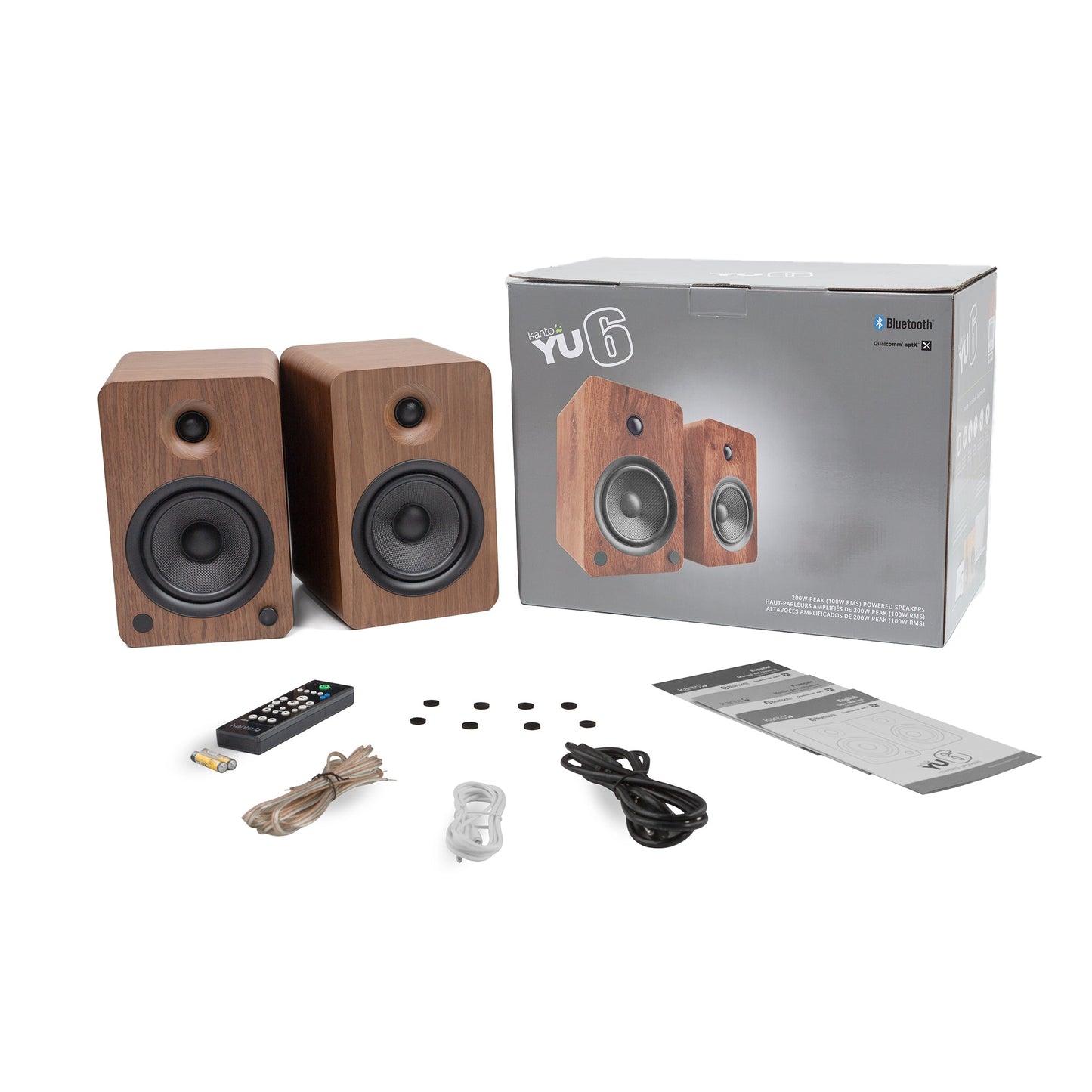 Kanto YU6 200W Powered Bookshelf Speakers with Bluetooth and Phono Preamp - Pair, Walnut with S6 Black Stand Bundle