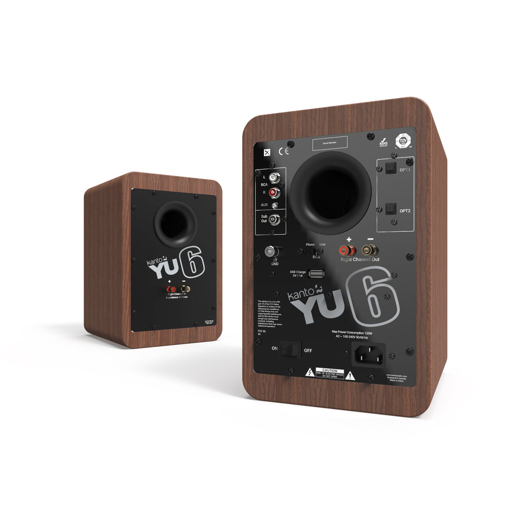 Kanto YU6 200W Powered Bookshelf Speakers with Bluetooth and Phono Preamp - Pair, Walnut with SX22 Black Stand Bundle