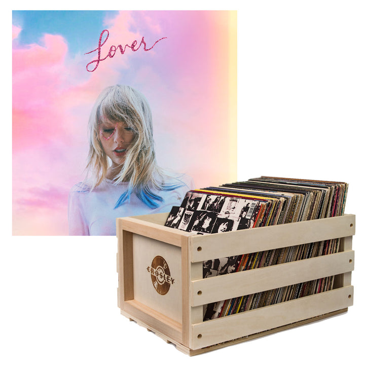 Crosley Record Storage Crate & Taylor Swift Lover 2P Vinyl Album Bundle