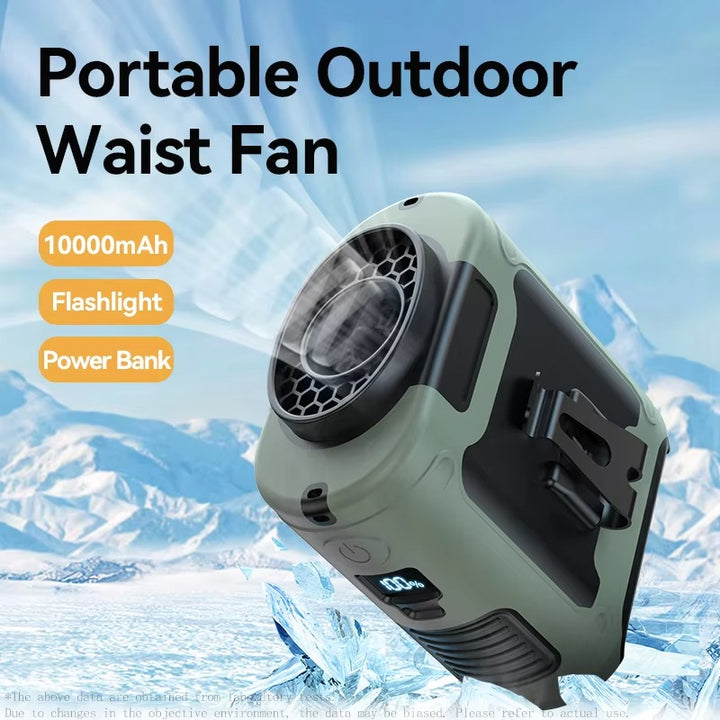 10000mAh Portable Outdoor Waist Fan Hanging Neck Strong Wind with Power Bank LED Lighting for Emergency Sports Outdoor Working