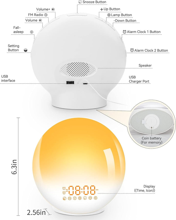 Sunrise Alarm Clock Wake Up Light 7 Sounds, Dual Alarms, Snooze, FM Radio