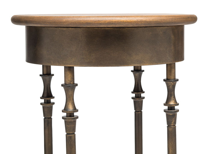 Wooden Round Side Table with Finial Legs in Dark French Brass Finish