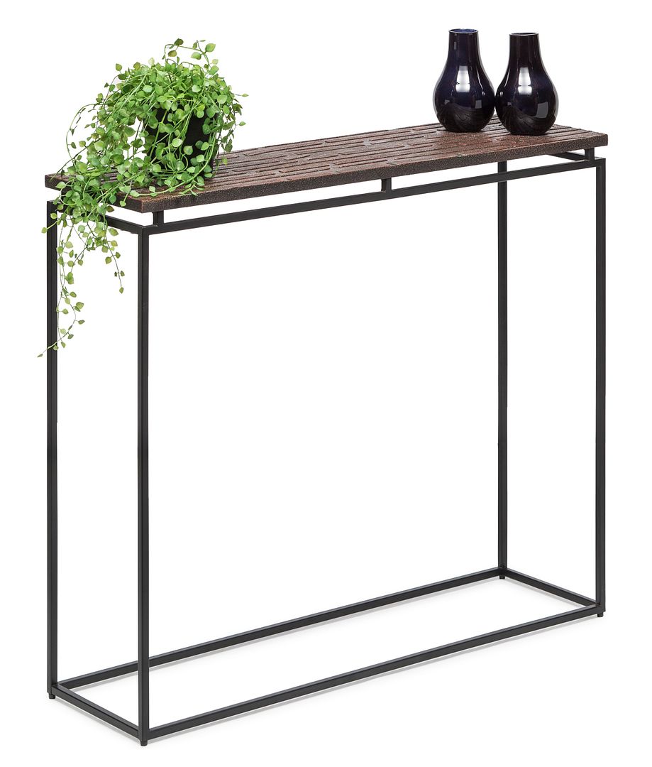 Modern Black Narrow Hallway Console Table with Copper Textured Wood Top