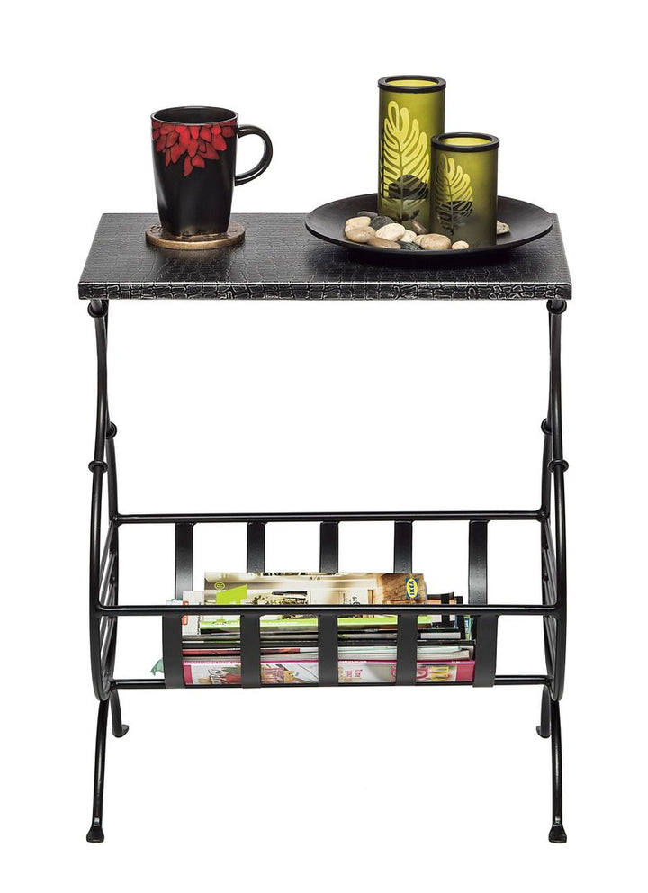 Black Iron Side Table with Magazine Storage and Silver Finish Top