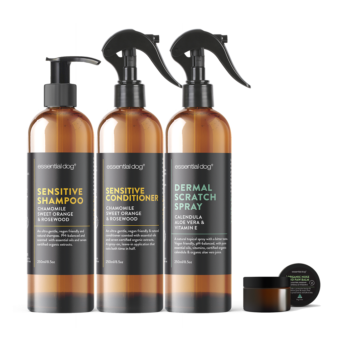 Sensitive Skin Itch Pack: Dog Shampoo, Conditioner, Dermal Scratch Spray & Paw Balm