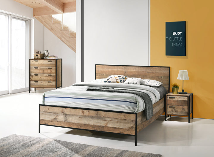 4 Pieces Bedroom Suite with Particle Board Contraction and Metal Legs Queen Size Oak Colour Bed, Bedside Table & Tallboy