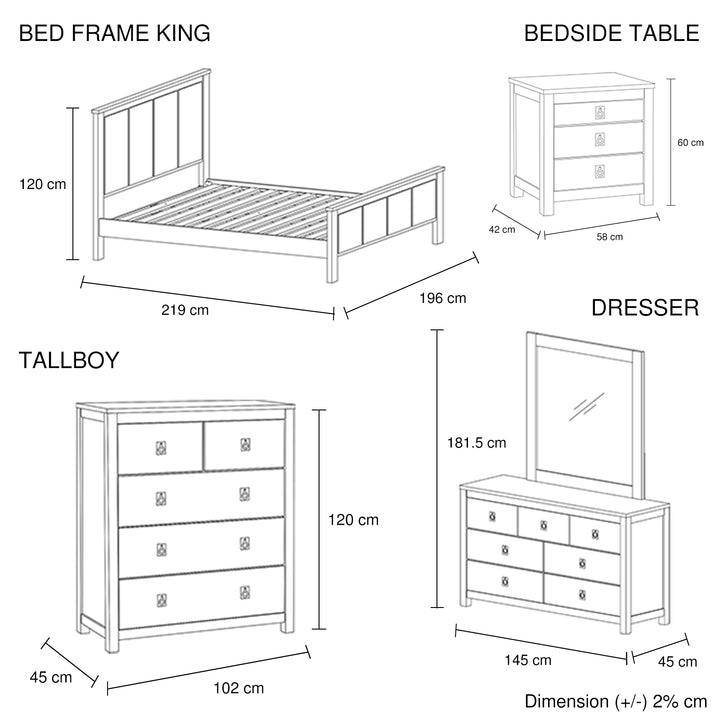 5 Pieces Bedroom Suite with Solid Acacia Wood Veneered Construction in King Size White Ash Colour Bed, Bedside Table , Tallboy & Dresser