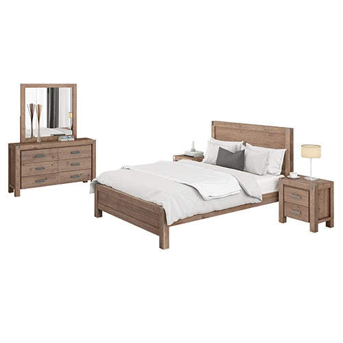 4 Pieces Bedroom Suite in Solid Wood Veneered Acacia Construction Timber Slat Queen Size Oak Colour Bed, Bedside Table & Dresser