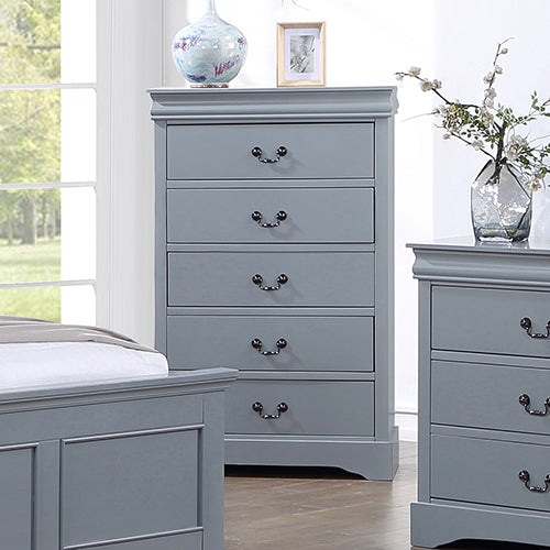 5 Pieces Bedroom Suite in Solid Wood & MDF King Size Grey Colour Bed, Bedside Table, Dresser & Tallboy