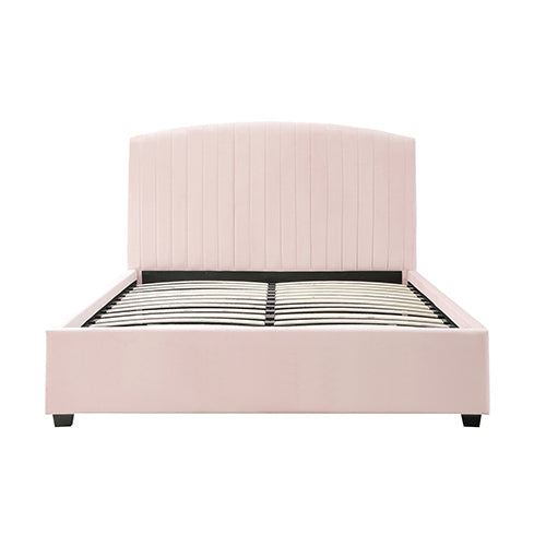 Camelia Double Size Bed Frame Pink Velvet Upholstery High Headboard Quality Slats Metal Structure