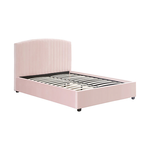 Camelia King Single Size Bed Frame Pink Velvet Upholstery High Headboard Quality Slats Metal Structure