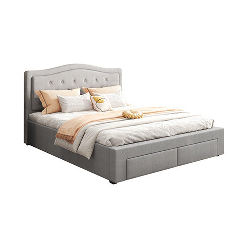 Emily Bed Frame Queen Size Velvet Fabric Grey Four MDF Drawers with Wheels