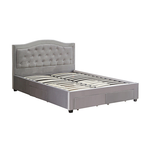 Emily Bed Frame Queen Size Velvet Fabric Grey Four MDF Drawers with Wheels