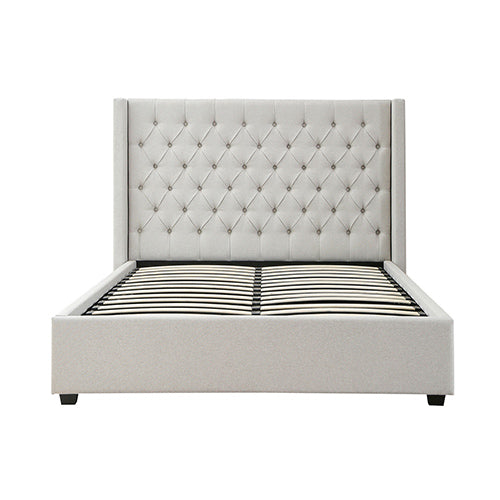 Veronica Bed Frame King Size Winged Grey Linen Fabric Seam Grid Pattern with gas lift plywood metal structure