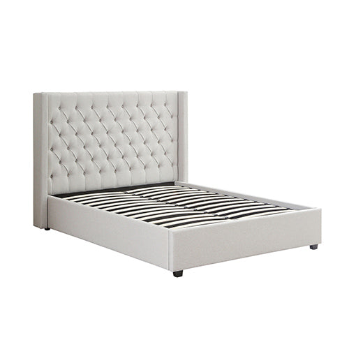 Veronica Bed Frame King Size Winged Grey Linen Fabric Seam Grid Pattern with gas lift plywood metal structure