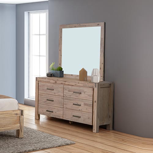 Dresser with 6 Storage Drawers in Solid Acacia & Veneer With Mirror in Oak Colour