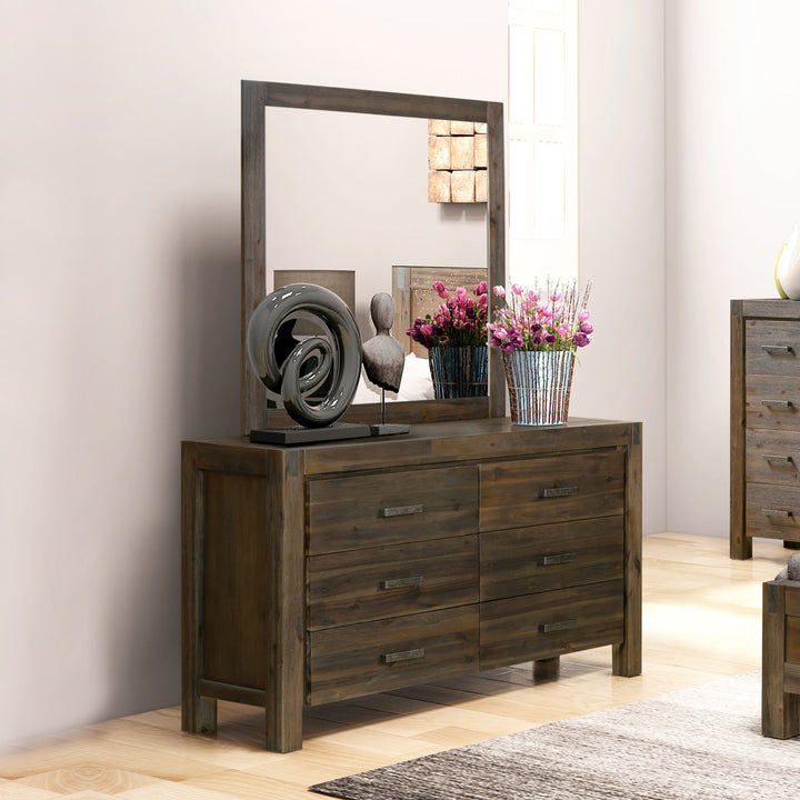 Dresser with 6 Storage Drawers in Solid Acacia & Veneer With Mirror in Chocolate Colour