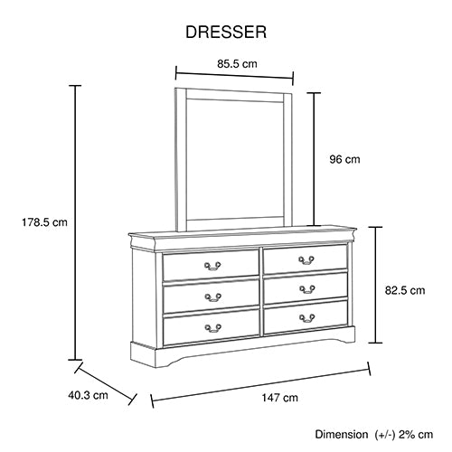 Dressing Chest with 6 Storage Drawers in Solid Wooden Mirror Metal Handles Grey Colour