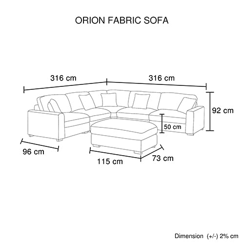 Orion Corner Sofa Premium Fabric Upholstery Padded Seat Wooden Frame Rubber Wooden Legs with Ottoman