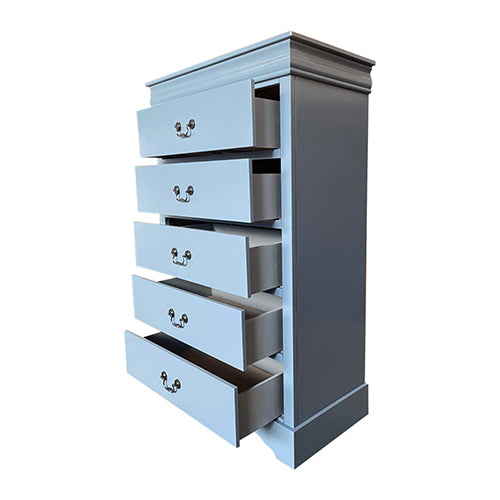 Tallboy with 5 Storage Drawers in Solid Wooden Metal Handles Grey Colour