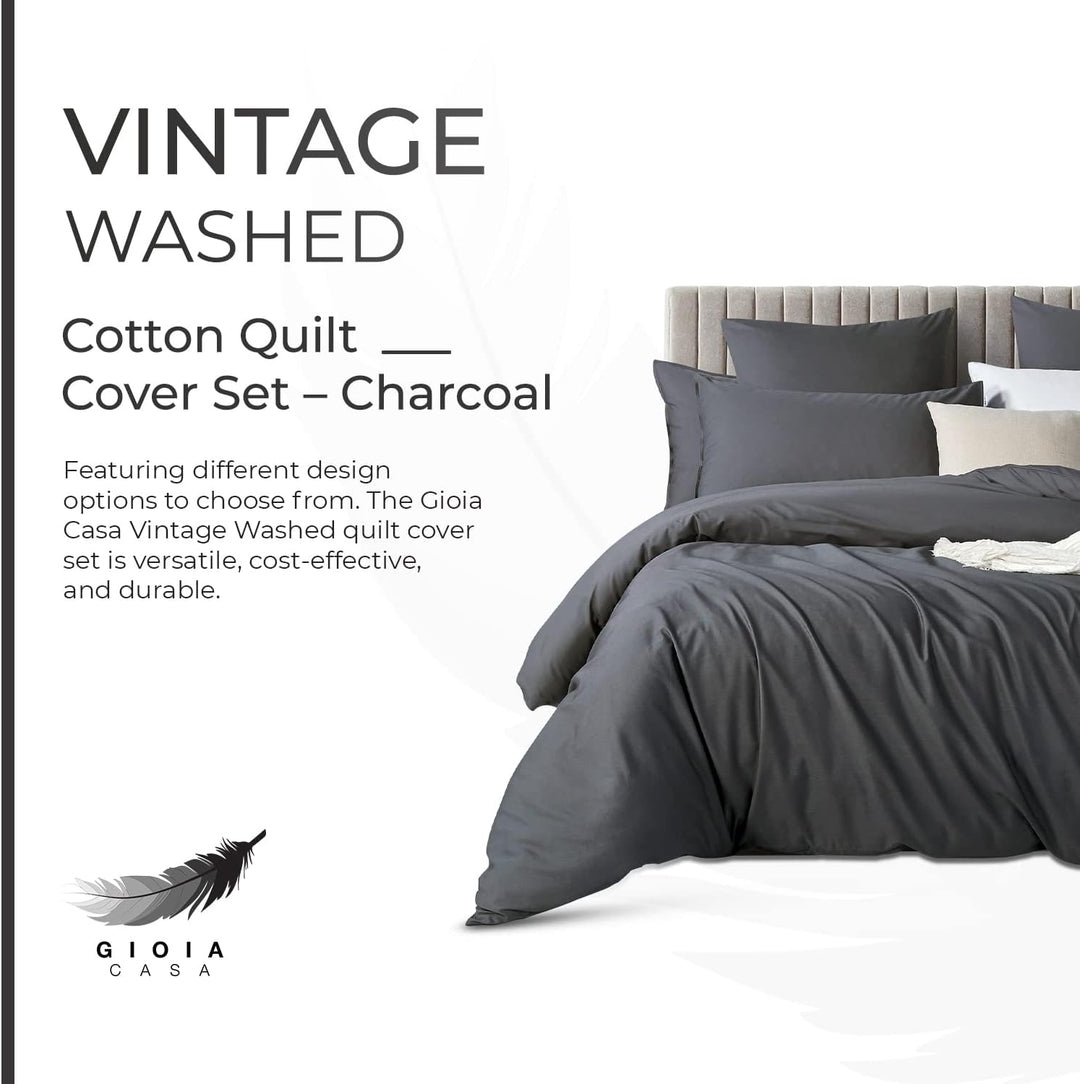 100% Cotton Vintage Washed Bed Quilt Cover Set (2Pcs) - Charcoal - Single