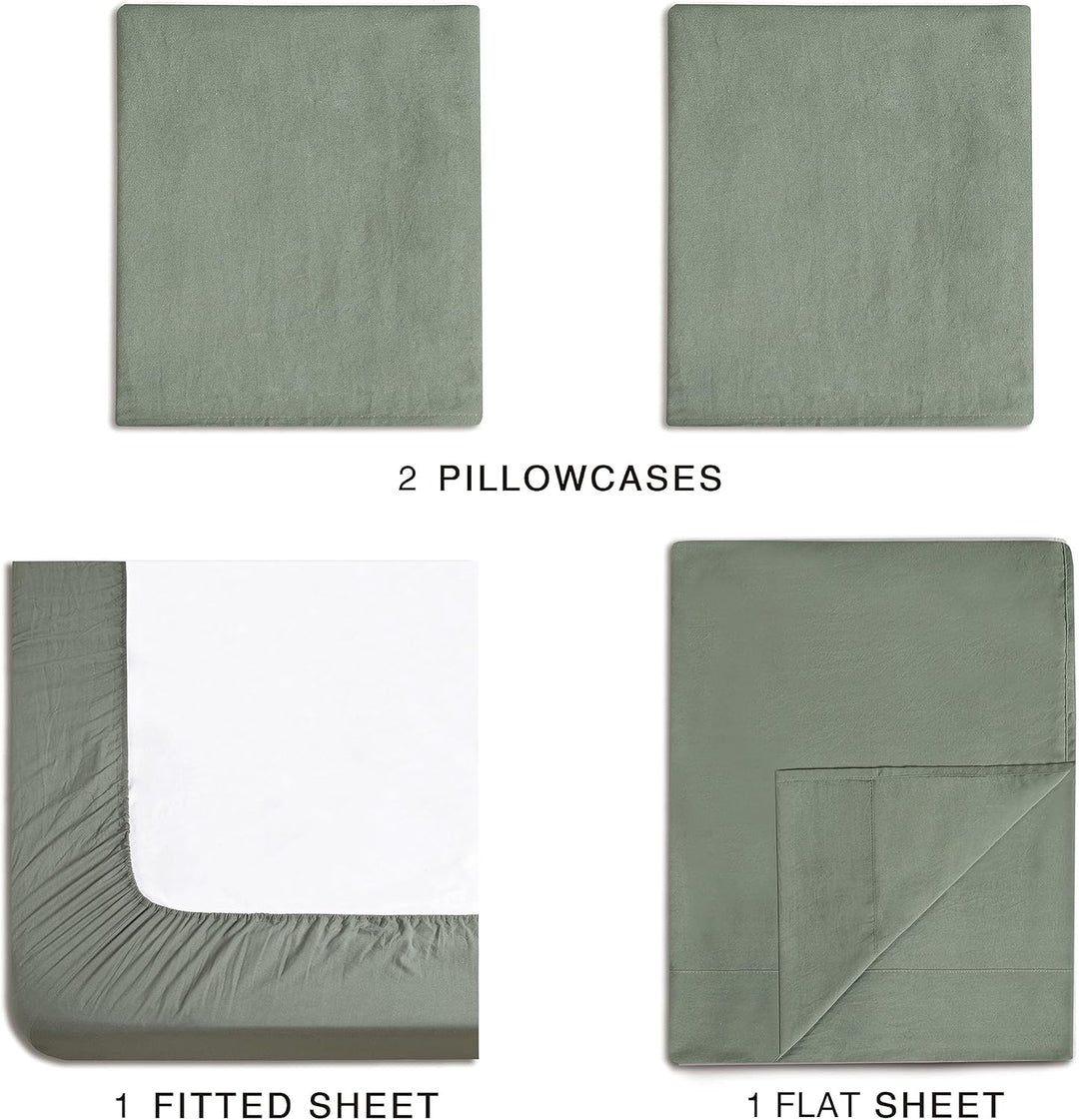 Vintage Washed Microfibre Sheet Set with 1 Pillowcase - Khaki Green - Single