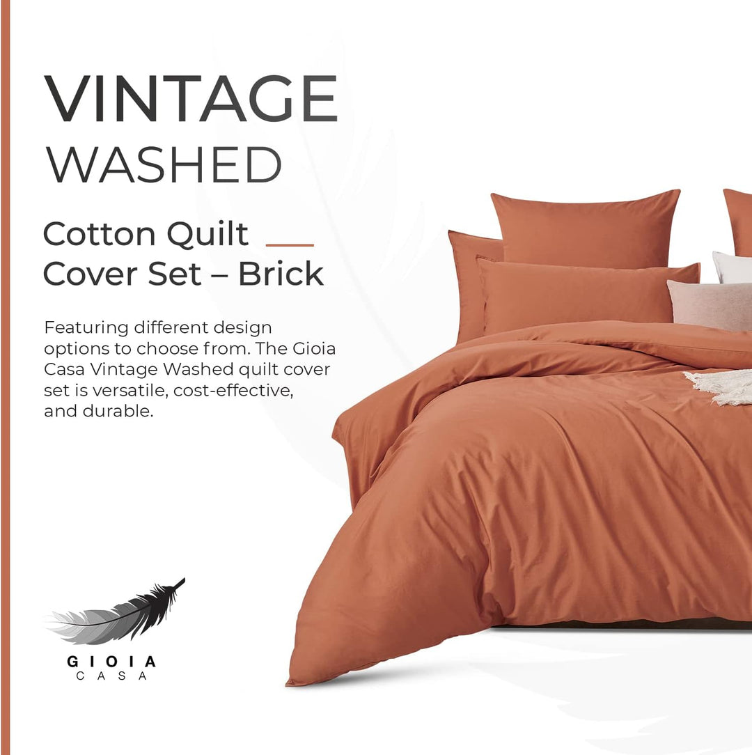 100% Cotton Vintage Washed Bed Quilt Cover Set (3Pcs) - Brick - Double Size