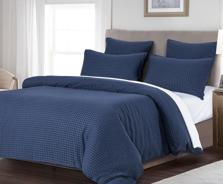 100% Premium Waffle Microfibre Quilt Cover Set (3Pcs) - Indigo - Queen