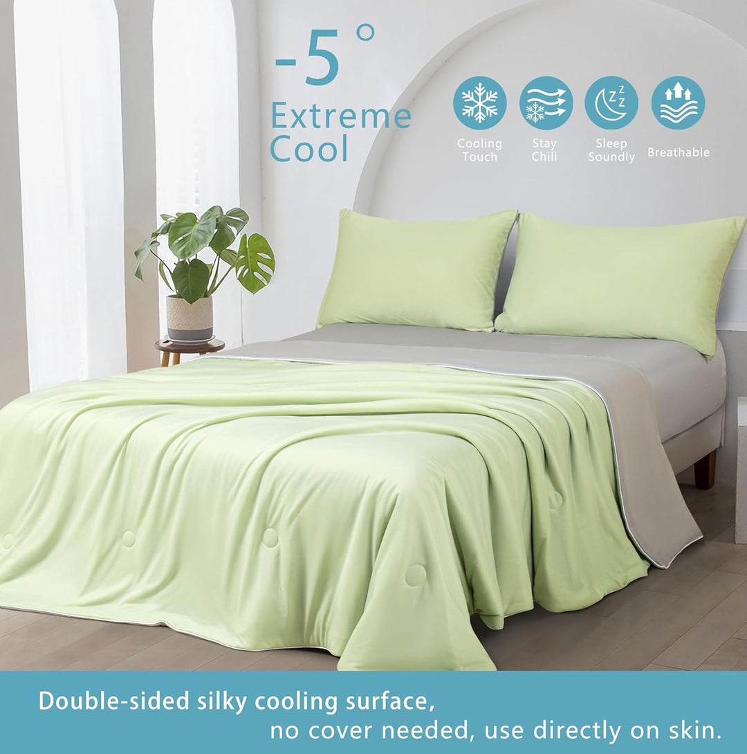 Ice Cooling Reversible Summer Comforter Blanket (Green and Grey, Queen/King)