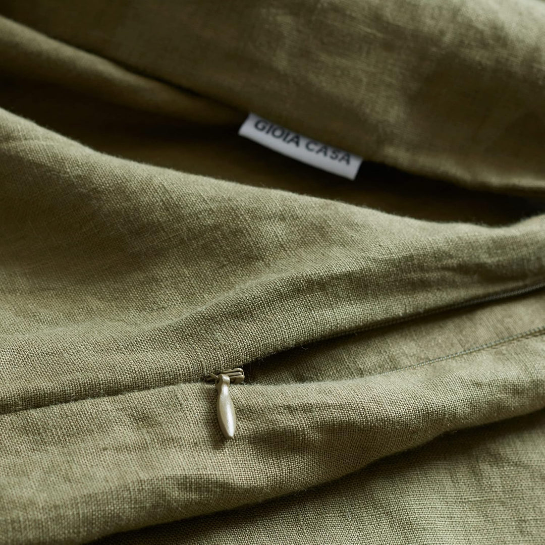 100% French Flax Linen Vintage Washed Soft Quilt Cover Set - Khaki Green - Super King