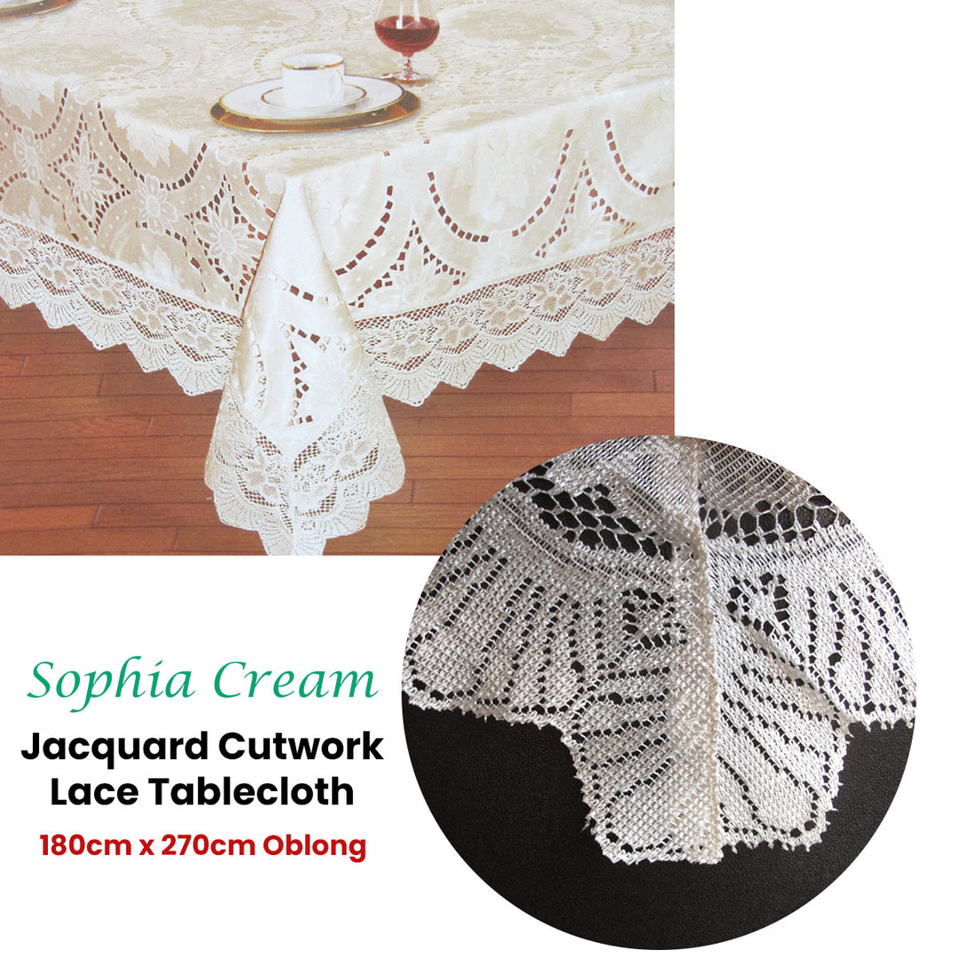 Chapel Gate Sophia Cream Jacquard Cutwork Lace Tablecloth 180 x 270 cm