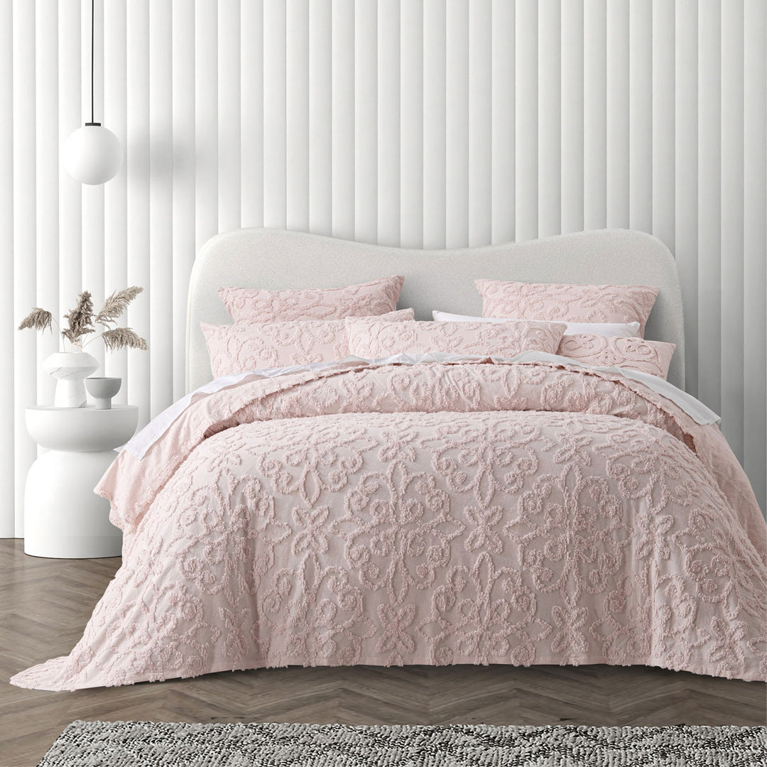 Bianca Ella Blush Cotton Chenille Floral Bedspread Set Double