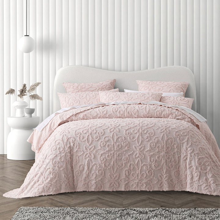 Bianca Ella Blush Cotton Chenille Floral Bedspread Set King