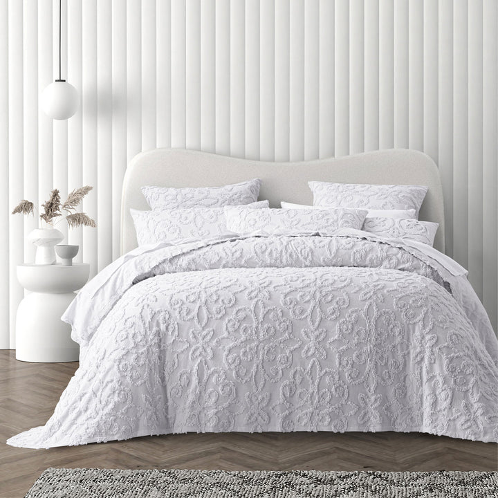 Bianca Ella White Cotton Chenille Floral Bedspread Set Double