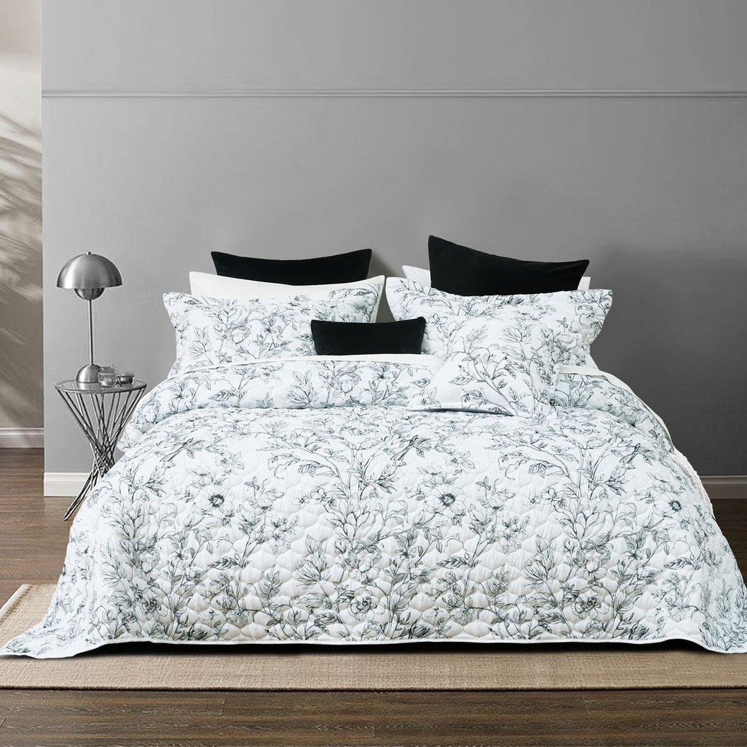 Bianca Gracie White Floral Printed Quilted Bedspread Set King