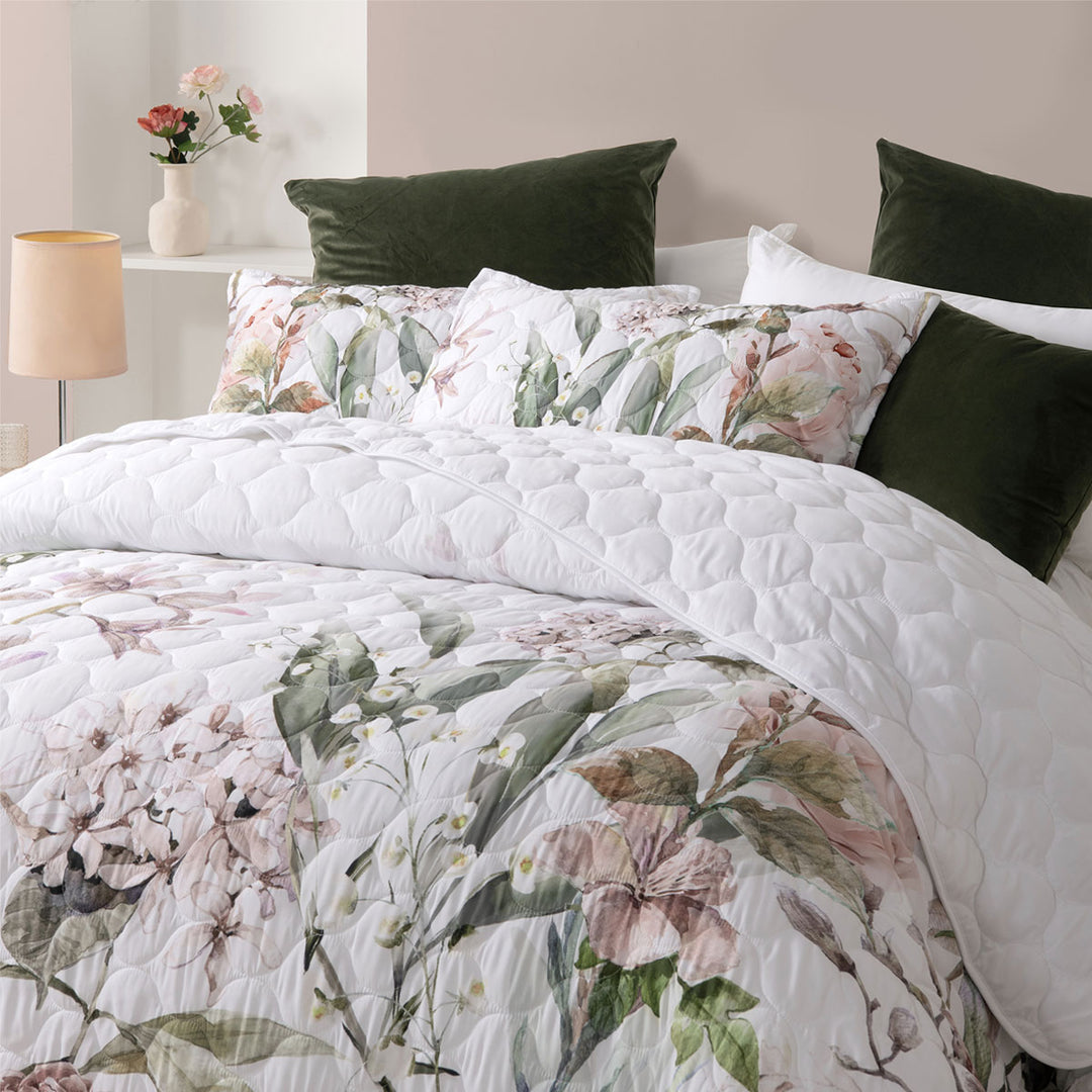 Bianca Lorna White Floral Printed Quilted Bedspread Set Double