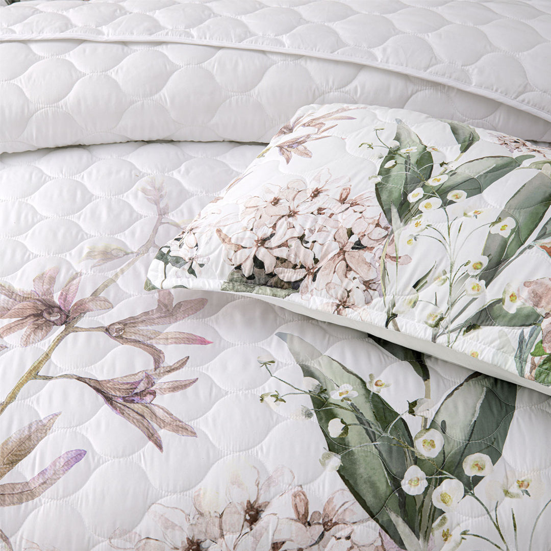 Bianca Lorna White Floral Printed Quilted Bedspread Set Double