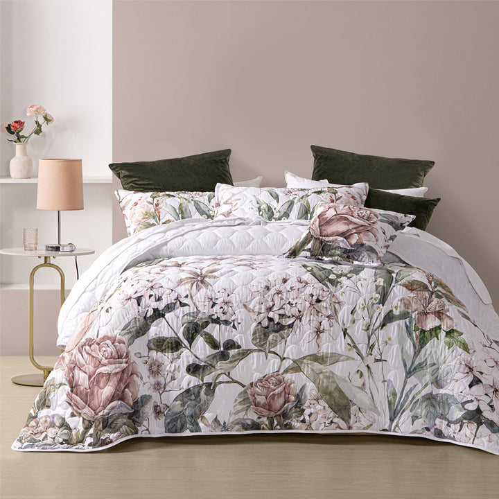 Bianca Lorna White Floral Printed Quilted Bedspread Set King