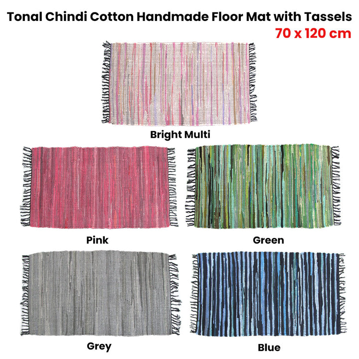 Tonal Chindi Cotton Handmade Floor Mat with Tassels 70 x 120 cm Bright Multi