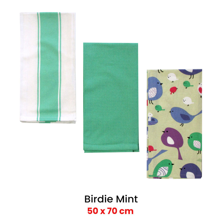 Home Oasis Set of 3 Printed Cotton Rich Tea Towels 50 x 70 cm Birdie Mint