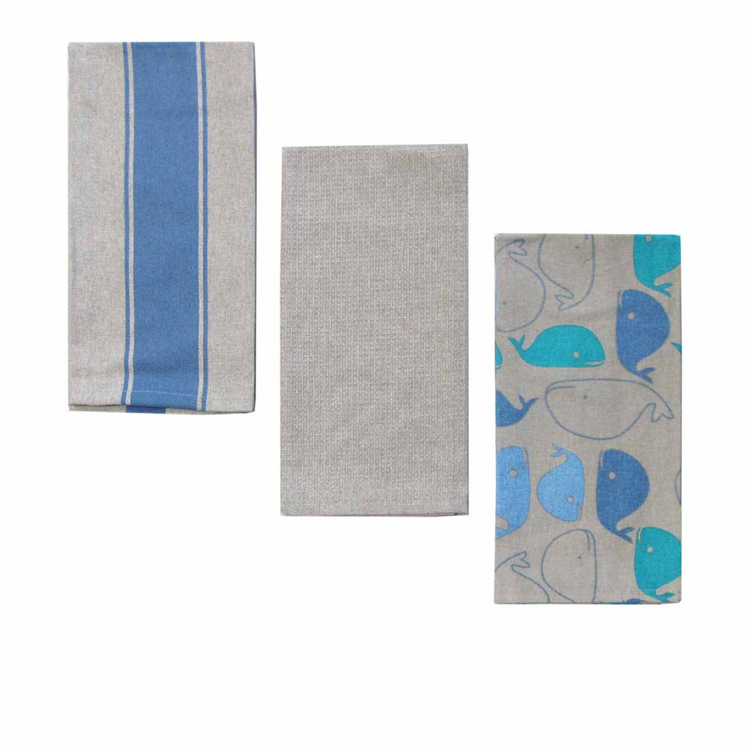 Home Oasis Set of 3 Printed Cotton Rich Tea Towels 50 x 70 cm Whale Grey