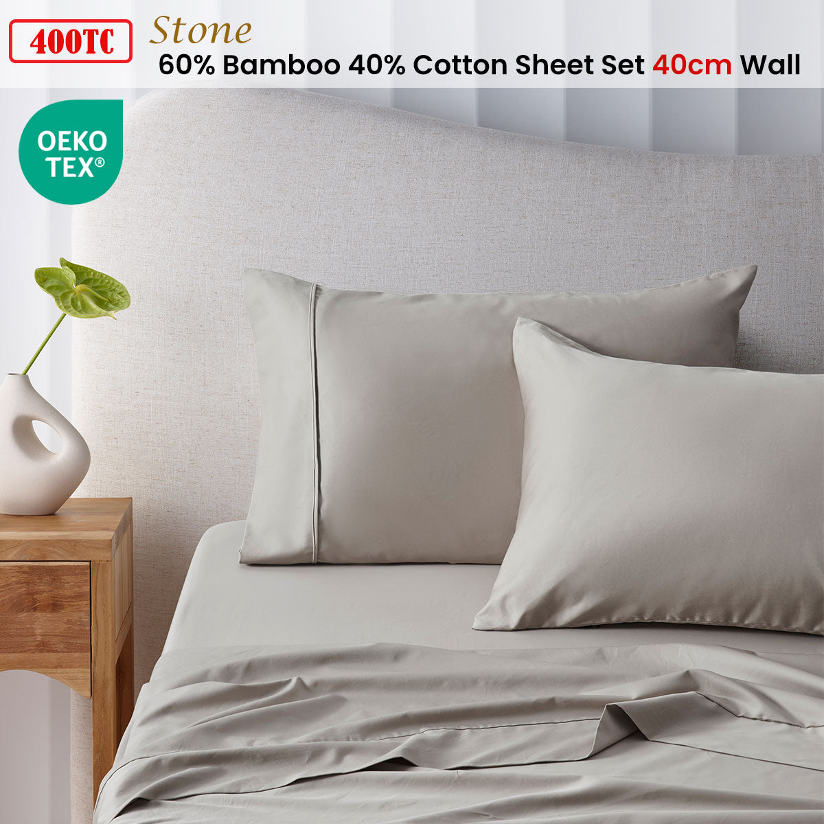 Accessorize 400TC Stone Bamboo Cotton Sheet Set 40cm Wall Single