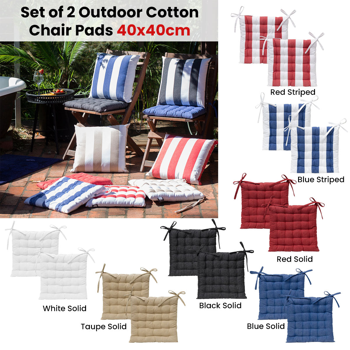 J Elliot Home Set of 2 Outdoor 100% Cotton Chair Pads 40 x 40 cm Solid White