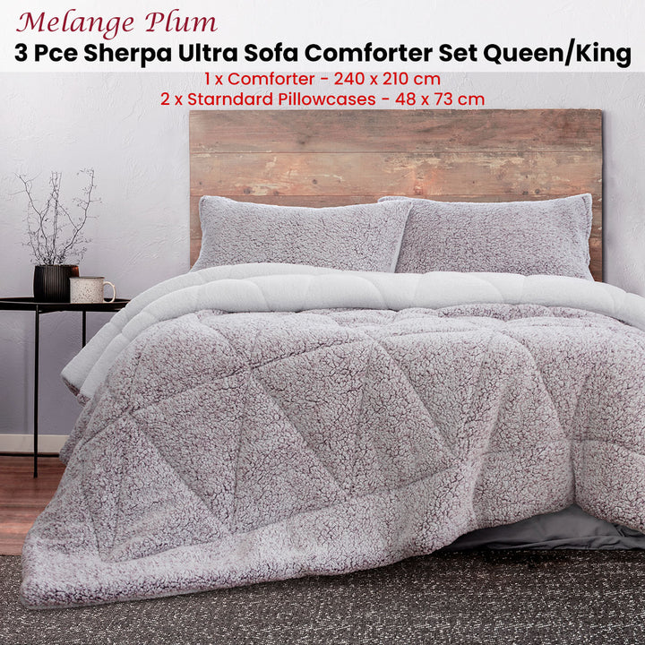 Ardor Melange Plum 3 Pcs Sherpa Ultra Soft Comforter Set Queen/King