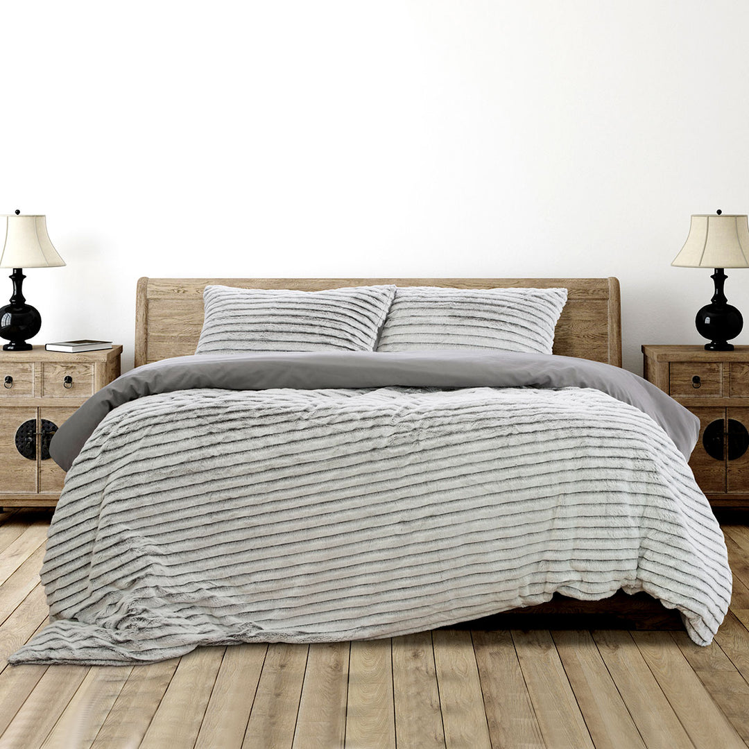 Ardor Striped Faux Fur Grey Super Soft Quilt Cover Set Double