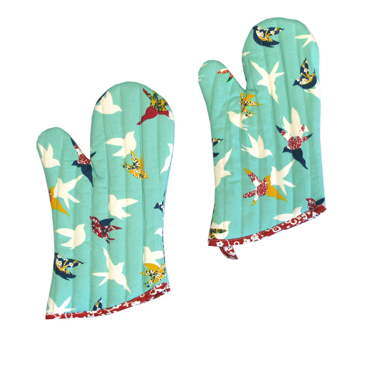 Set of 2 100% Cotton Printed Oven Mitts 34 x 15 cm Aqua Birds