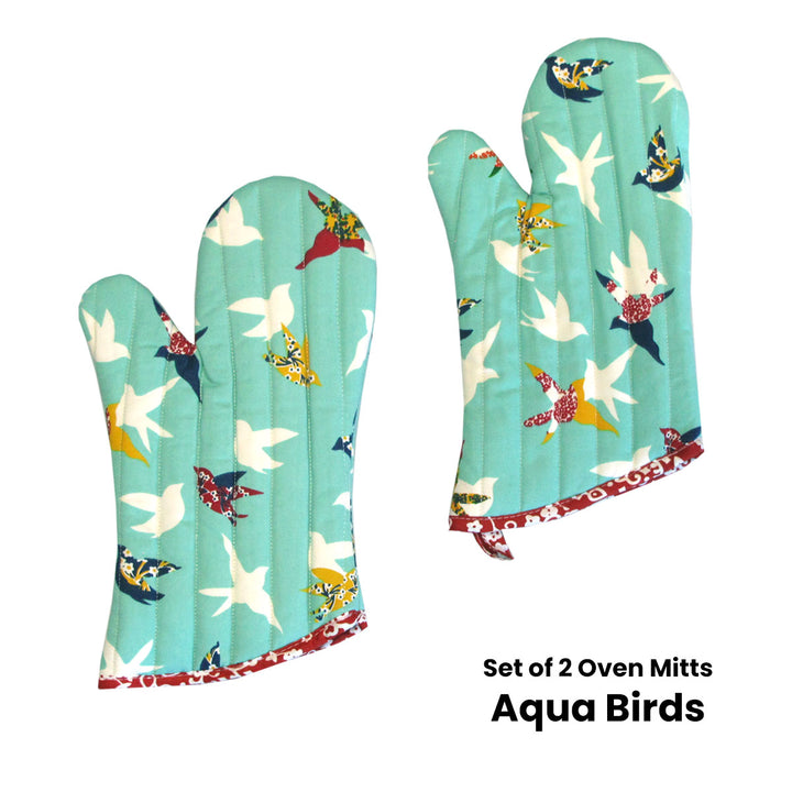 Set of 2 100% Cotton Printed Oven Mitts 34 x 15 cm Aqua Birds