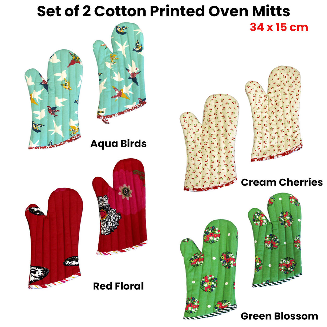 Set of 2 100% Cotton Printed Oven Mitts 34 x 15 cm Green Blossom